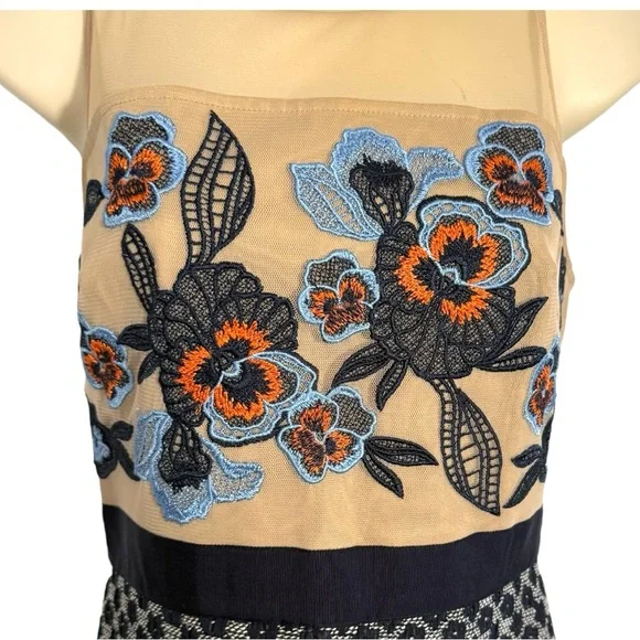 Moulinette Soeurs Embroidered Mesh Bodice Dress Navy Floral Lace Size 2 - Picture 4 of 14